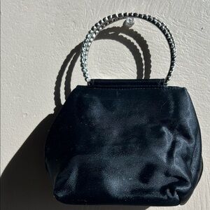 Unbranded Mini Black Satin Evening Clutch Bag With Circular Rhinestones Handles.